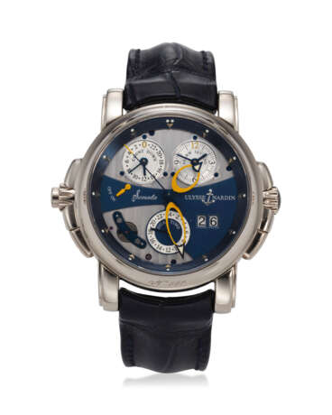 ULYSSE NARDIN, REF. 670-88, SONATA, AN 18K WHITE GOLD DUAL TIME CATHEDRAL ALARM WRISTWATCH WITH SPLIT DATE - photo 1