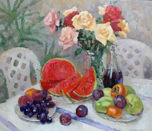 Painting “Still life with watermelon and red wine”, Canvas, Oil paint, Impressionist, Still life, Russia, 2017 - photo 1