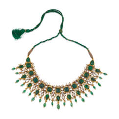 INDIAN ENAMEL, EMERALD, DIAMOND AND PEARL NECKLACE