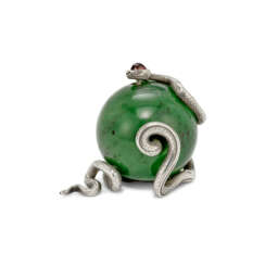 A GEM-SET SILVER AND NEPHRITE BELL-PUSH