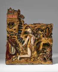 A POLYCHROME AND GILT-WOOD RELIEF OF THE PENITENT SAINT JEROME