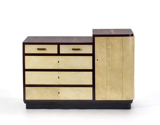 Déco style furniture with five drawers and one door with solid wood and veneer structure, parchment covering, black painted wooden base, brass handles. Italy, 20th century. (139.5x95.5x52.5 cm.) (slight defects, modifications and restorations) - photo 1