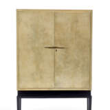 Déco style two doors cabinet bar with wooden structure and parchment covering. Black painted wooden base, brass handles. Italy, 20th century. (100x149x35 cm.) (slight defects and restoration) - photo 1
