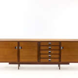 Sideboard with three doors and five drawers in veneered wood with metal handles and elements. Italy, 1960s. (230x80.5x46.5 cm.) (slight defects) - photo 1