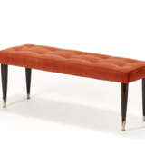 Bench with turned solid wood legs, brass tips, padded seat covered in red microfiber. Italy, 1940s/1950s. (121x45x43 cm.) (slight defects) - photo 1