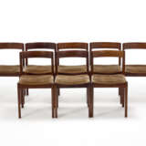 Eight chairs with solid wood structure, padded seat covered in brown velvet. Italy, 1970s. (48x78x46 cm.) (defects) - photo 1