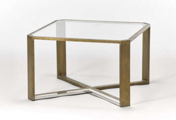 Living room table with structure in brass and chromed metal, glass top. Italy, 1970s. (80x50x80 cm.) (slight defects)
