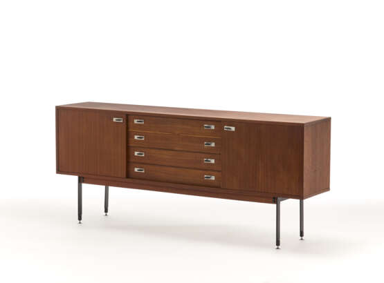 Sideboard with two side doors and four central drawers in veneered teak wood with legs in black painted steel and handles in metal and black plastic. Italy, 1970s. (200x85.5x41 cm.) (slight defects and losses) - photo 1