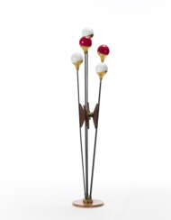 Floor lamp called "Alberello" with five globular lights in red and lattimo glass, marble base, structure in black painted metal, wood and brass. Italy, 1960s. (h 168 cm.) (slight defects)