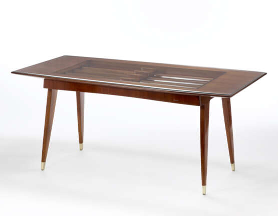 Table with solid wood structure, clear colorless glass top, brass tips. Italy, 1950s. (195x78x90 cm.) (slight defects) - фото 1