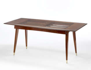 Table with solid wood structure, clear colorless glass top, brass tips. Italy, 1950s. (195x78x90 cm.) (slight defects)