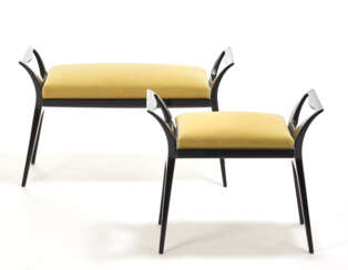 Lot of two benches in ebonized walnut wood covered in yellow silk velvet. Italy, 1948ca. (cm 101x59x38; cm 72x59x33)