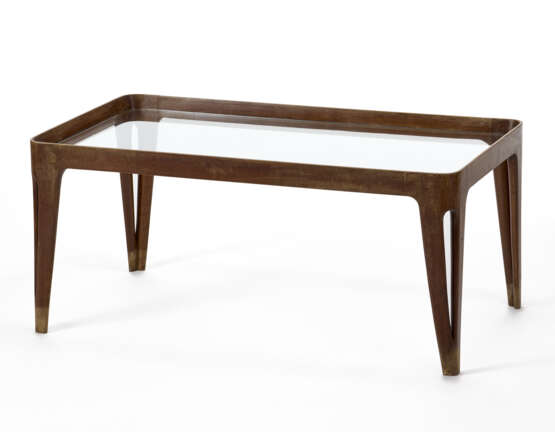 Coffee table with solid wood structure, fork legs, clear colorless glass top. Italy, 1940s. (90x40x50 cm.) (defects and losses) - фото 1