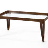 Coffee table with solid wood structure, fork legs, clear colorless glass top. Italy, 1940s. (90x40x50 cm.) (defects and losses) - photo 1