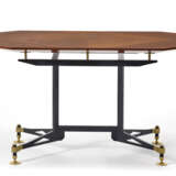 Table / desk with octagonal top in veneered wood, structure in black painted metal, feet in brass. Italy, 1960s. (130x78x76 cm.) (slight defects) - photo 1