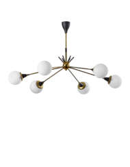 Suspension lamp with six lights with black and brass painted metal structure, globular diffusers in incamiciato lattimo glass. Italy, 1960s. (h 60 cm.; d 100 cm.) (slight defects)