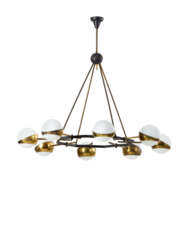 Suspension lamp with eight lights with black and brass painted metal structure, globular diffusers in lattimo incamiciato glass. Italy, 1960s. (h 78 cm.; d 90 cm.) (slight defects)