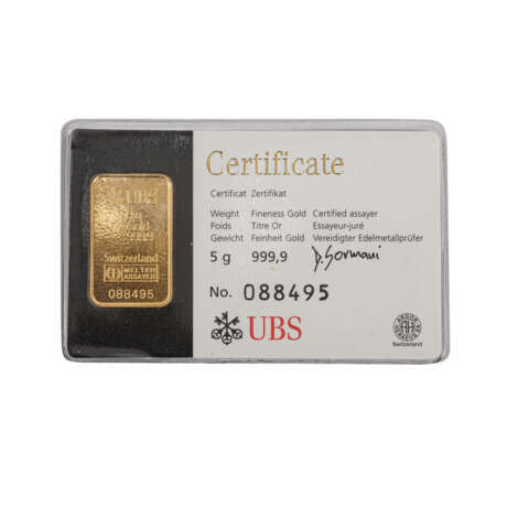 5 Gramm Barren GOLD, UBS Kinebar mit Nummer, - photo 1