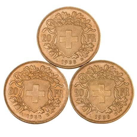 Schweiz /GOLD - 3 x 20 Sfr Vreneli 1935 - photo 2