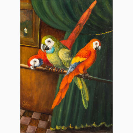 GIM (Künstler/in 20. Jh.), "Drei Papageien in Interieur mit Gemälde", - Foto 1