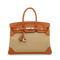 A LIMITED EDITION NATUREL BARÉNIA LEATHER & TOILE GHILLIES BIRKIN 35 WITH BRUSHED PALLADIUM HARDWARE