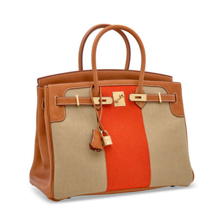 A LIMITED EDITION FICELLE, PAPRIKA TOILE & BARÉNIA LEATHER FLAG BIRKIN 35 WITH PERMABRASS HARDWARE - фото 2