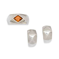 SET OF TWO: A GOLD AND CITRINE CARNAVAL RING AND GOLD EARRINGS