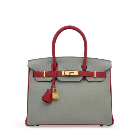 A CUSTOM ROUGE GRENAT & GRIS MOUETTE TOGO LEATHER BIRKIN 30 WITH GOLD HARDWARE - photo 1