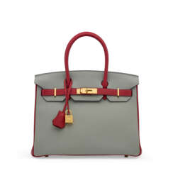 A CUSTOM ROUGE GRENAT & GRIS MOUETTE TOGO LEATHER BIRKIN 30 WITH GOLD HARDWARE
