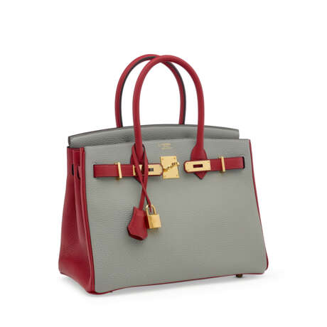 A CUSTOM ROUGE GRENAT & GRIS MOUETTE TOGO LEATHER BIRKIN 30 WITH GOLD HARDWARE - photo 2