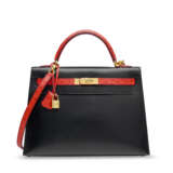 A BLACK CALF BOX LEATHER & ROUGE VIF OSTRICH SELLIER KELLY 32 WITH GOLD HARDWARE - photo 1