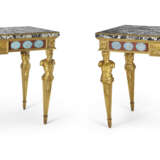 A PAIR OF ITALIAN GILTWOOD, BIANCO E NERO MARBLE AND POLYCHROME-PAINTED VERRE EGLOMISE CONSOLE TABLES - фото 1