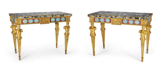 A PAIR OF ITALIAN GILTWOOD, BIANCO E NERO MARBLE AND POLYCHROME-PAINTED VERRE EGLOMISE CONSOLE TABLES - photo 1