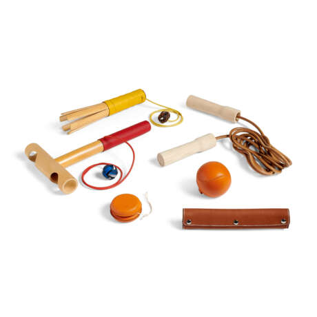 A SET OF SIX GAMES: TWO PETIT H LEATHER BALL GAMES, A SPORT C'EST CHIC LEATHER AND WOOD SKIPPING ROPE, AN ORANGE LEATHER BASEBALL, AN ORANGE LEATHER YO-YO AND ONE LEATHER MIKADO PICK UP STICKS GAME - photo 1