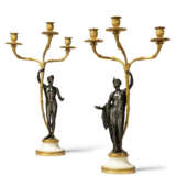 A PAIR OF GEORGE III ORMOLU, PATINATED-BRONZE AND WHITE MARBLE `APOLLO AND DIANA` CANDELABRA - фото 1