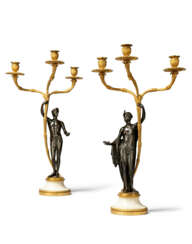 A PAIR OF GEORGE III ORMOLU, PATINATED-BRONZE AND WHITE MARBLE &#39;APOLLO AND DIANA&#39; CANDELABRA