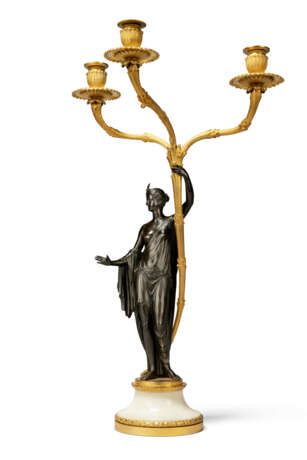 A PAIR OF GEORGE III ORMOLU, PATINATED-BRONZE AND WHITE MARBLE `APOLLO AND DIANA` CANDELABRA - фото 4