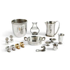 A SET OF FIFTEEN PIECES OF SILVER: FOUR NAPKIN RINGS, A SHALLOW BOWL WITH HANDLES, A WINE COOLER, A BOTTLE OPENER, TWO INCENSE BURNERS, A SMALL PERFORATED CUP, TWO GOLF BALL BOTTLE STOPPERS, A MEDIUM CUP, A HANDLED JUG AND A STIRRUP STAND
