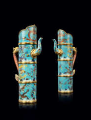 A MAGNIFICENT PAIR OF CHINESE CLOISONNE ENAMEL AND GILT-COPPER TIBETAN-STYLE EWERS, DUOMUHU