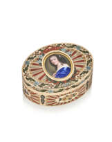 A SAXON GOLD-MOUNTED HARDSTONE SNUFF-BOX SET WITH A MINIATURE