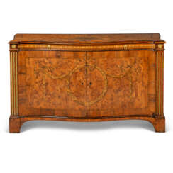 A GEORGE III ORMOLU-MOUNTED BURR YEW, PADOUK AND MARQUETRY SERPENTINE COMMODE