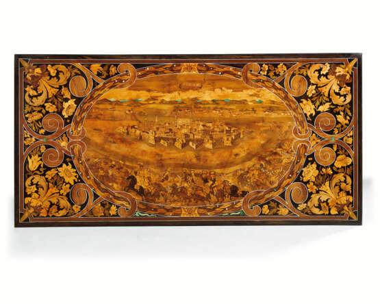 A NORTH ITALIAN IVORY AND PEWTER-INLAID EBONY, AMARANTH, FRUITWOOD AND WALNUT MARQUETRY TABLE - photo 1