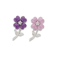 SABBADINI PAIR OF COLOURED SAPPHIRE, AMETHYST AND DIAMOND BROOCHES