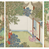 IN THE STYLE OF QIU YING, PAVILION SCENES, THREE FRAMED AND GLAZED ALBUM LEAVES, INK AND COLOUR ON PAPER - фото 1