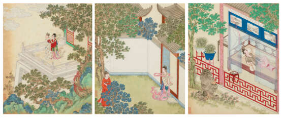 IN THE STYLE OF QIU YING, PAVILION SCENES, THREE FRAMED AND GLAZED ALBUM LEAVES, INK AND COLOUR ON PAPER - Foto 1