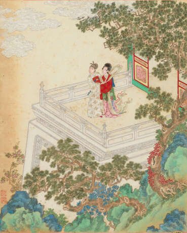 IN THE STYLE OF QIU YING, PAVILION SCENES, THREE FRAMED AND GLAZED ALBUM LEAVES, INK AND COLOUR ON PAPER - Foto 2