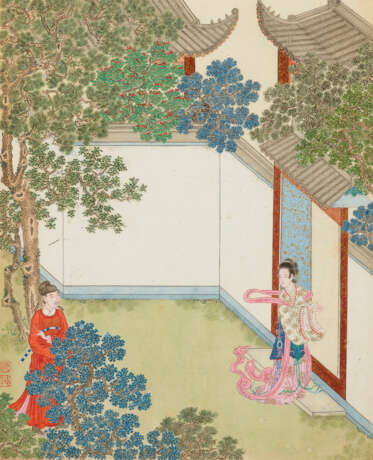 IN THE STYLE OF QIU YING, PAVILION SCENES, THREE FRAMED AND GLAZED ALBUM LEAVES, INK AND COLOUR ON PAPER - photo 4