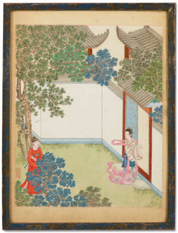 IN THE STYLE OF QIU YING, PAVILION SCENES, THREE FRAMED AND GLAZED ALBUM LEAVES, INK AND COLOUR ON PAPER - Foto 5