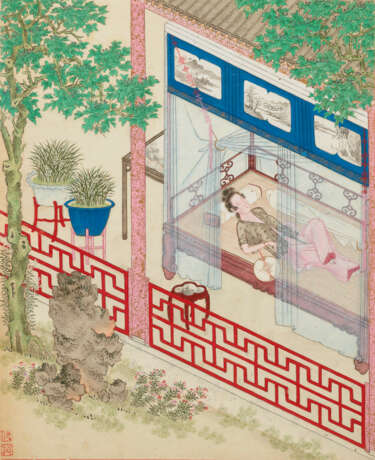 IN THE STYLE OF QIU YING, PAVILION SCENES, THREE FRAMED AND GLAZED ALBUM LEAVES, INK AND COLOUR ON PAPER - Foto 7