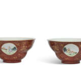 A PAIR OF CORAL-GROUND FAMILLE ROSE 'EUROPEAN SUBJECT' OGEE MEDALLION BOWLS - photo 1